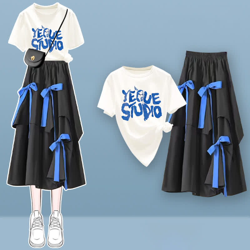 Letter Print T-Shirt Irregular Bow Decor SKirt Set modakawa