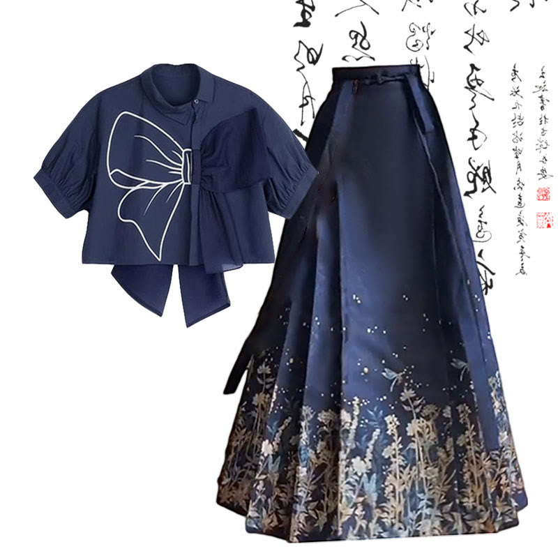 Blue Bow Print Print T-Shirt Vintage Pleated Skirt