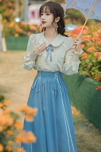 Blue Lapel Collar Long Sleeves High Waist Lace-Up Wave Hem Classic Lolita Two-Piece Set