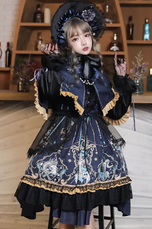 Black Gothic Lolita OP Dress with Lace Ruffled Long Sleeves