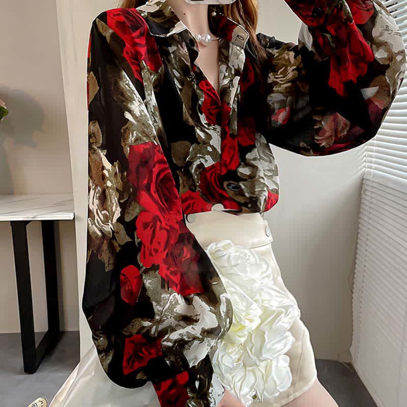 Vintage Red Floral Print Puff Sleeve Shirt Workwear