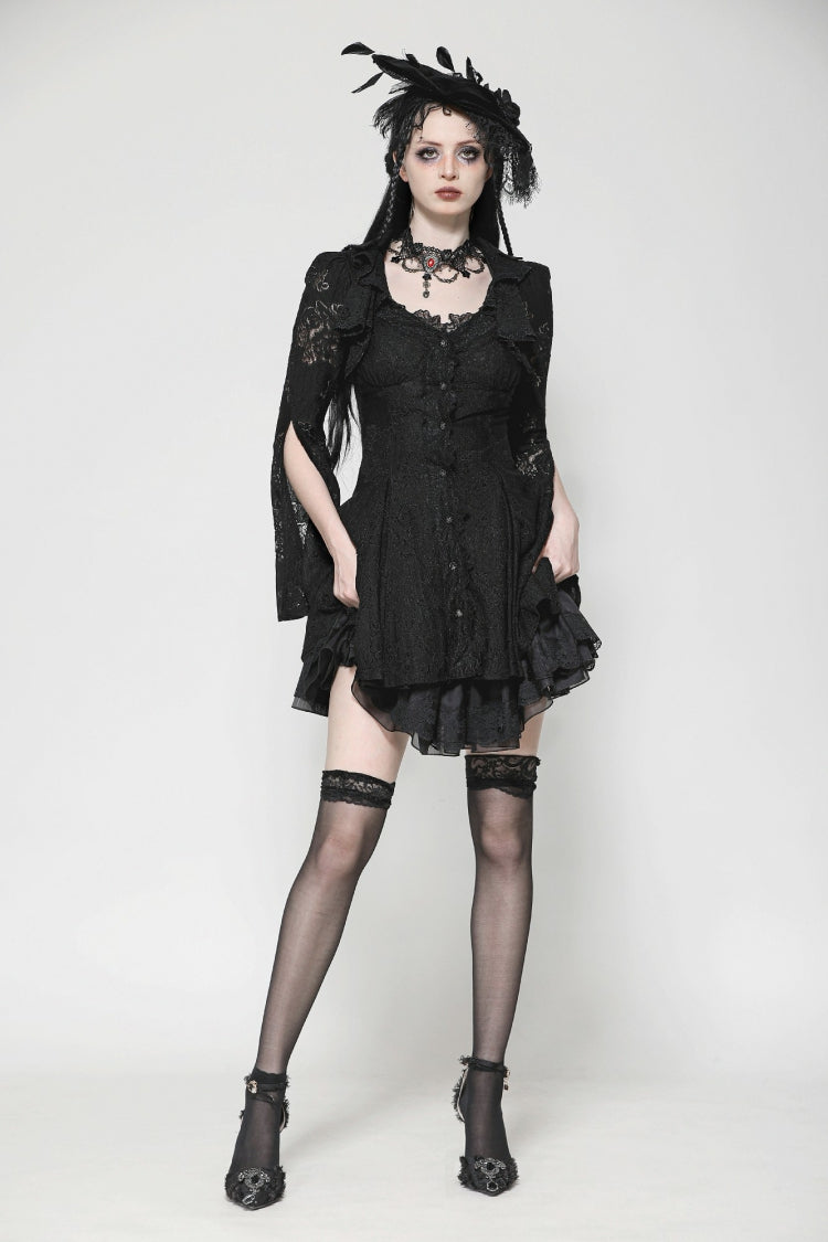 Ebony Embroidered Lace Trumpet Sleeve Corset Dress - Gothic Honeymoon Gown