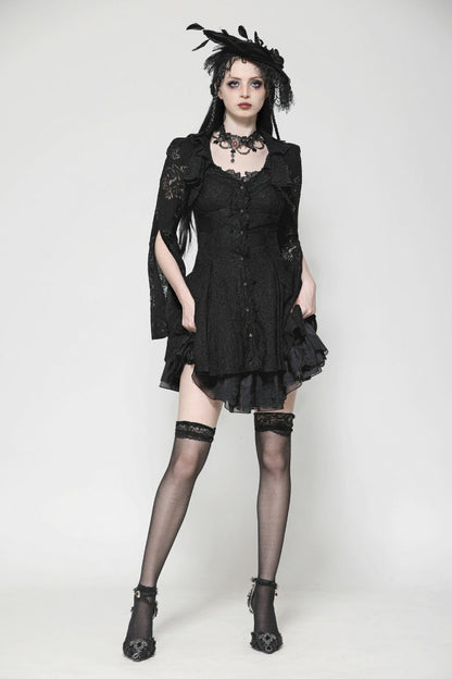 Ebony Embroidered Lace Trumpet Sleeve Corset Dress - Gothic Honeymoon Gown