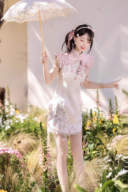 Lace Color-Blocked Chinese Style Sweet Dress - White/Pink Spring Strawberry