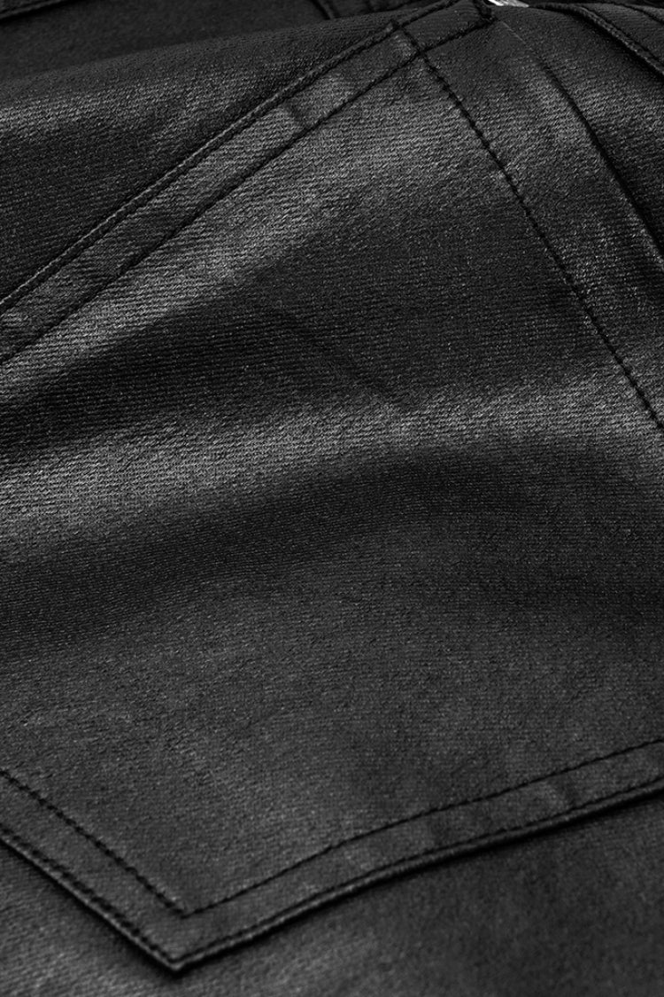 Men's Steampunk Pants with Metal Buckle and Side Zipper in Black Faux Leather