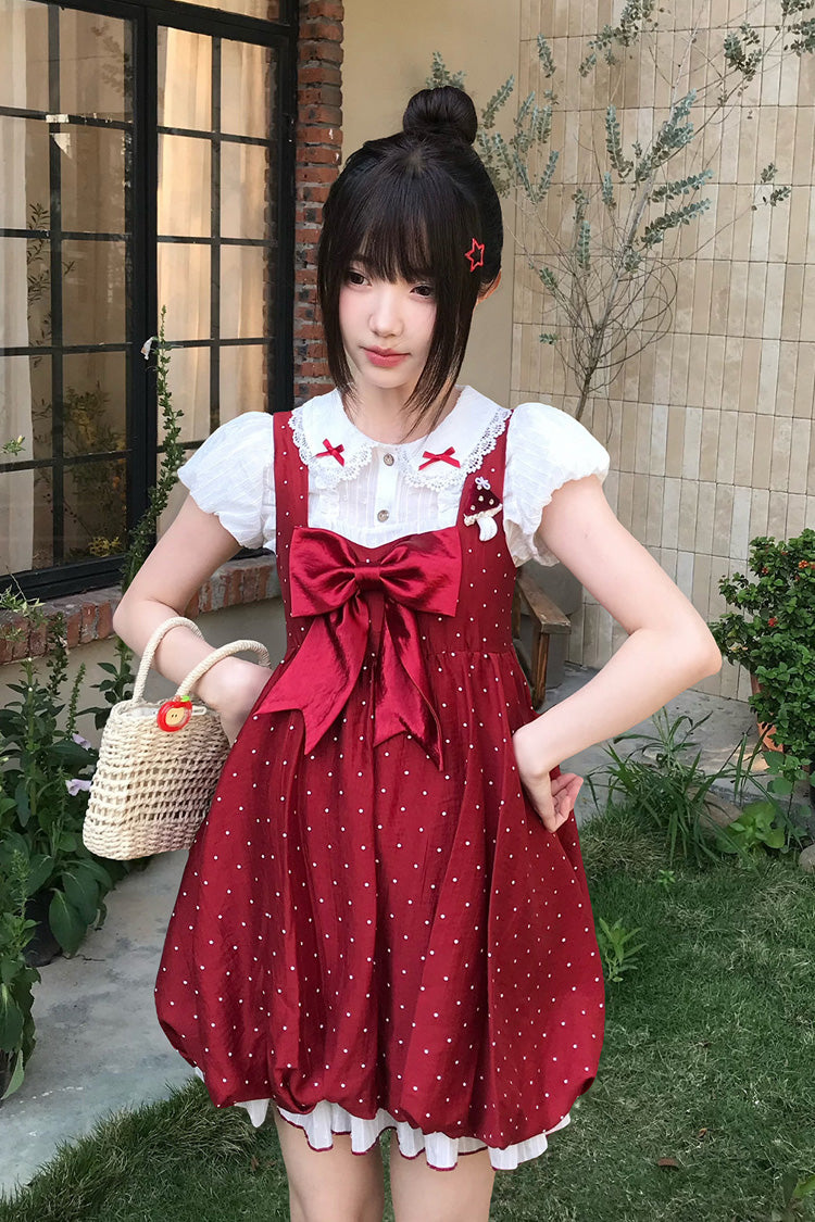 Red Little Mushroom Sleeveless Polka Dot Ruffle Bow Sweet Lolita JSK
