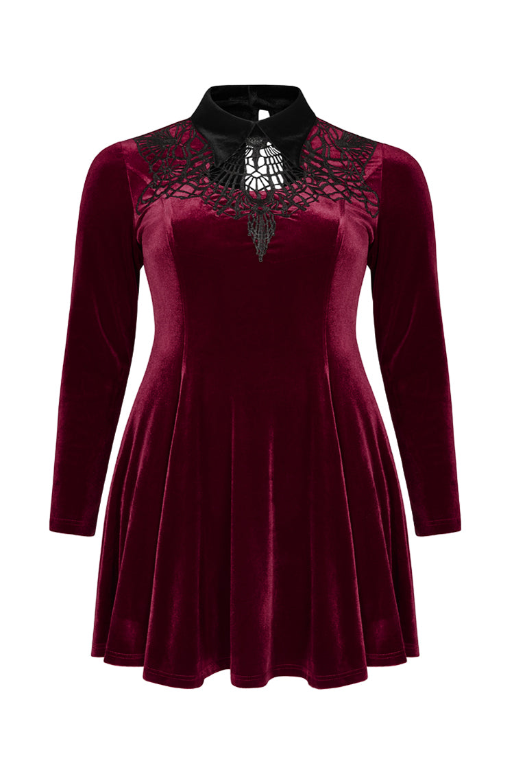 Crimson Velvet Chest Cutout Back Lace-Up Long Sleeve Plus-Size Goth Gown