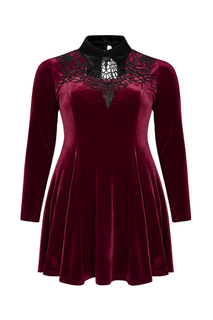 Crimson Velvet Chest Cutout Back Lace-Up Long Sleeve Plus-Size Goth Gown