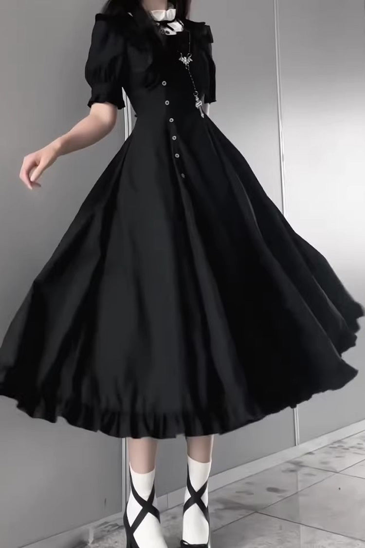 Black Elegant Gothic Lolita Dress with Stand Collar and Ruffled Short Sleeves