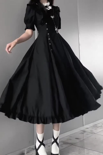 Black Elegant Gothic Lolita Dress with Stand Collar and Ruffled Short Sleeves