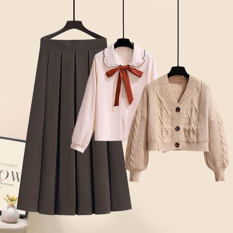 Sweet Cardigan Sweater Bow Tie Shirt Pleated Skirt Set