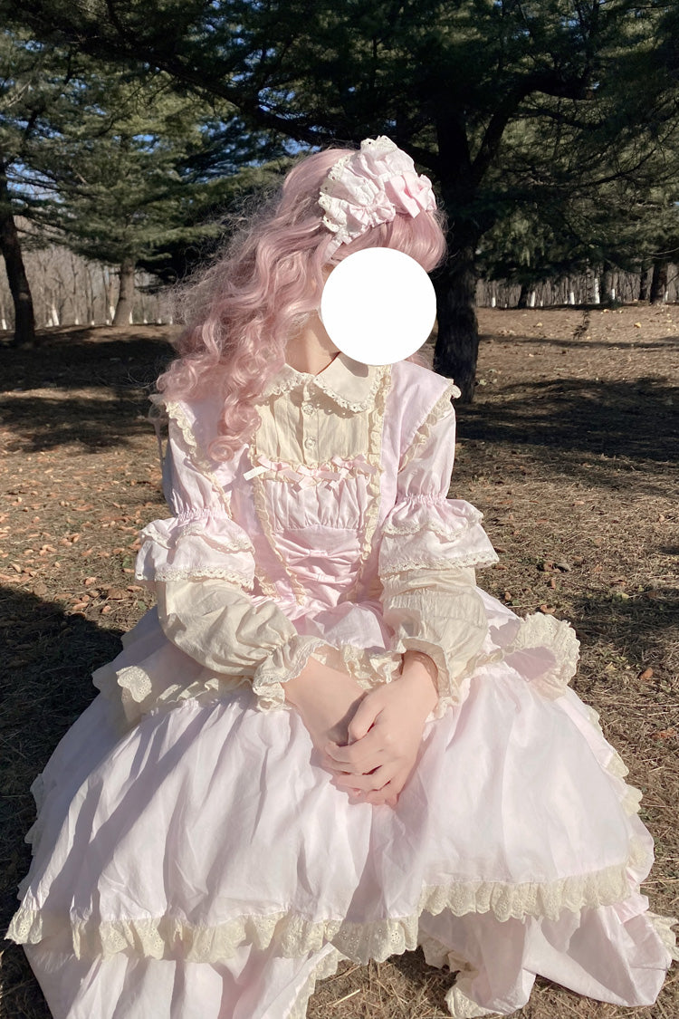 Pink Lapel-Collar Long-Sleeved High-Waisted Multi-Layer Bow-Trim Sweet Lolita Dress