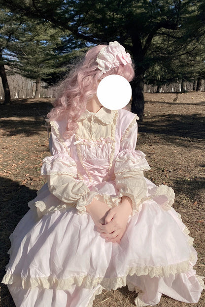 Pink Lapel-Collar Long-Sleeved High-Waisted Multi-Layer Bow-Trim Sweet Lolita Dress