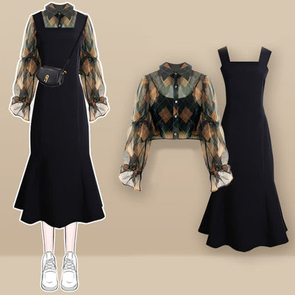 Print Slip Shirt Lapel Dress Fishtail Rhombus Tulle