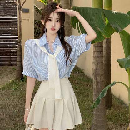 Chic Shorts Pocket Lapel T-Shirt Stripe Denim Ripped