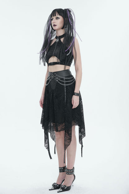Half Hollow Knit Metal Chain Black Asymmetric Punk Skirt