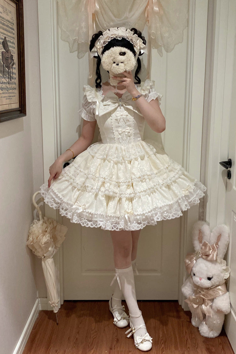 Sweet Mist Cherry Romance Sleeveless Multi-Layered Hanayome Bow Lace Lolita JSK Dress in Beige