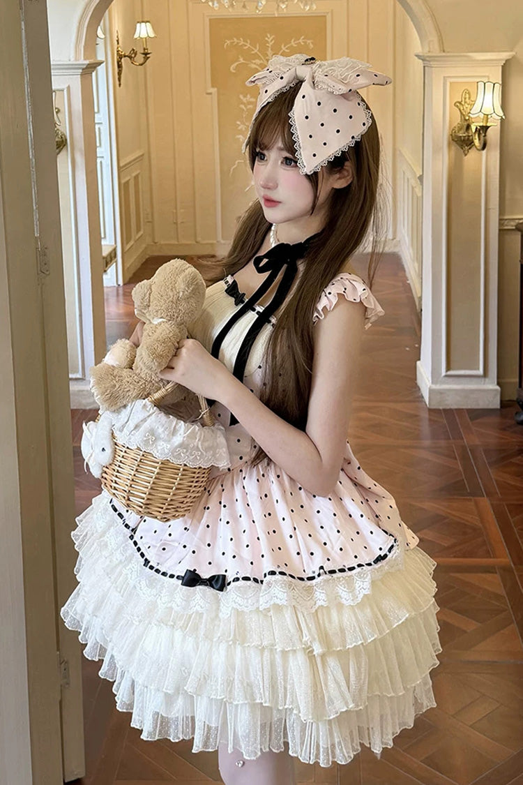 Rose Dot Waltz Square Neck Flutter Sleeve Triple Layer Printed Ruffle Bow JSK Dress