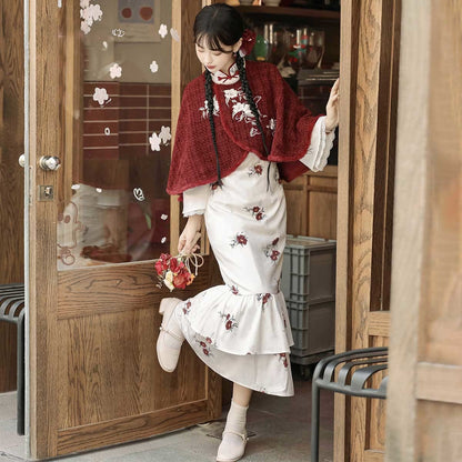 Pieces Buckle Two Vintage Flower Dress Cloak Embroidery