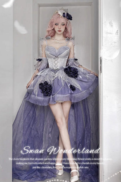Misty Purple Sweet Ballet Lolita Swan Wonderland Embroidery Lace-Up Mini JSK Dress