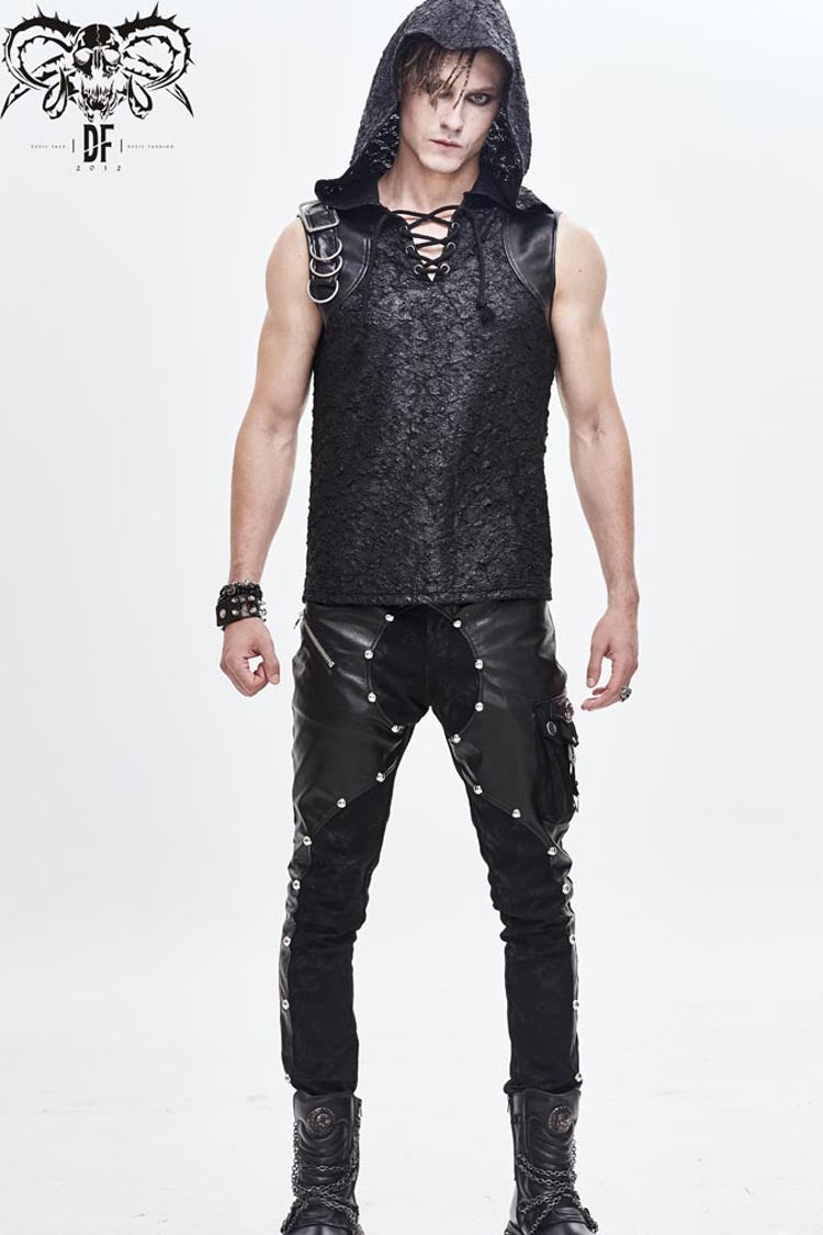Men's Punk Knit Vest with Hood Tattered Chest Lace-Up Metal Buckle