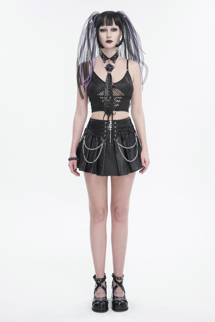 Gothic Women's Pleated Skirt with Faux Leather Web Eyelet Adjustable String and Chain