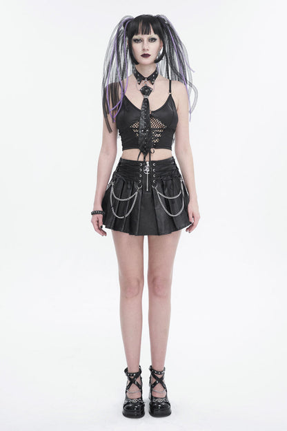 Gothic Women's Pleated Skirt with Faux Leather Web Eyelet Adjustable String and Chain
