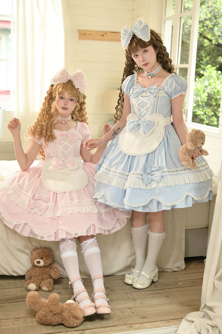 Square-Neck Cotton Dress with Double Ruffle Lace and Lacing
