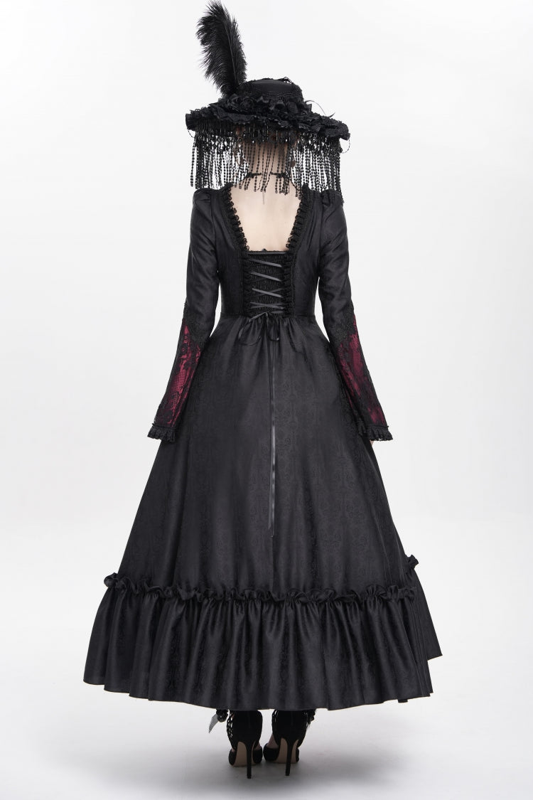 Long Sleeve Floral Embroidery Lace-Up Pleated Gothic Dress