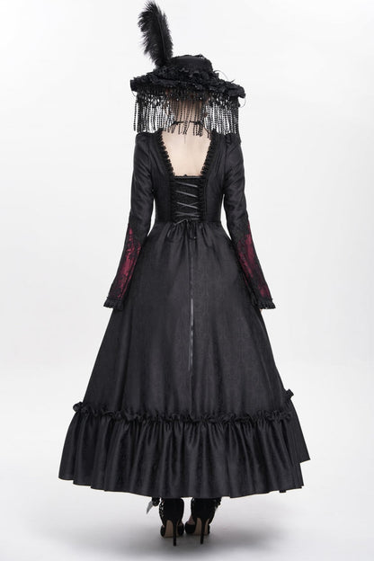Long Sleeve Floral Embroidery Lace-Up Pleated Gothic Dress