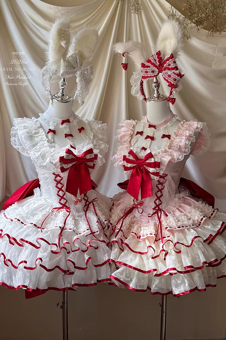 Cupid Strawberry Sleeveless Triple Layer Ruffle Bow Princess Ballet Sweet Lolita Dress 2 Colors