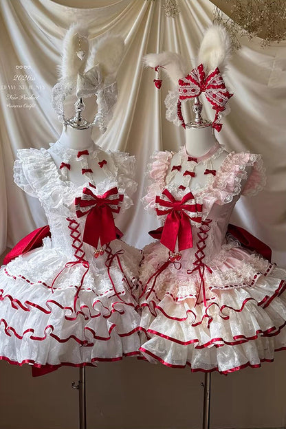 Cupid Strawberry Sleeveless Triple Layer Ruffle Bow Princess Ballet Sweet Lolita Dress 2 Colors