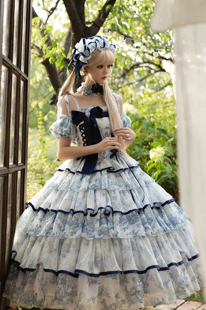 Blue White Sleeveless Multi-Layered Print Bowknot Fishbone Sweet Classic Chinese Style Lolita Jsk Long Dress