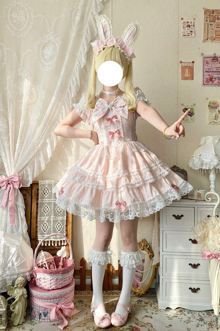 Pink Sweet Mist Cherry Romance Sleeveless Multi Layer Hanayome Bow Lace Lolita JSK