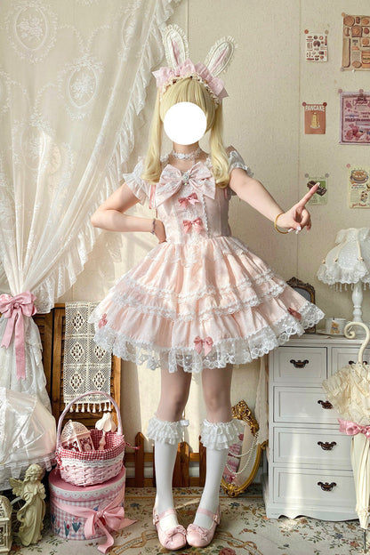 Pink Sweet Mist Cherry Romance Sleeveless Multi Layer Hanayome Bow Lace Lolita JSK