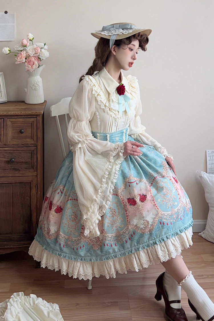 Ruffle-Embroidered Palace Skirt with Lace and Print