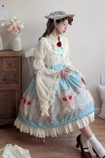 Ruffle-Embroidered Palace Skirt with Lace and Print