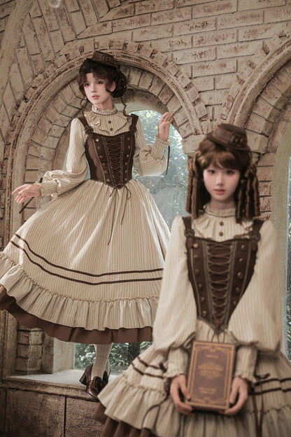 At Sunset Round-Collar Lantern-Sleeved Double-Layered Printed Ruffled Classic Lolita Dress in Beige and Brown, 2 Versions