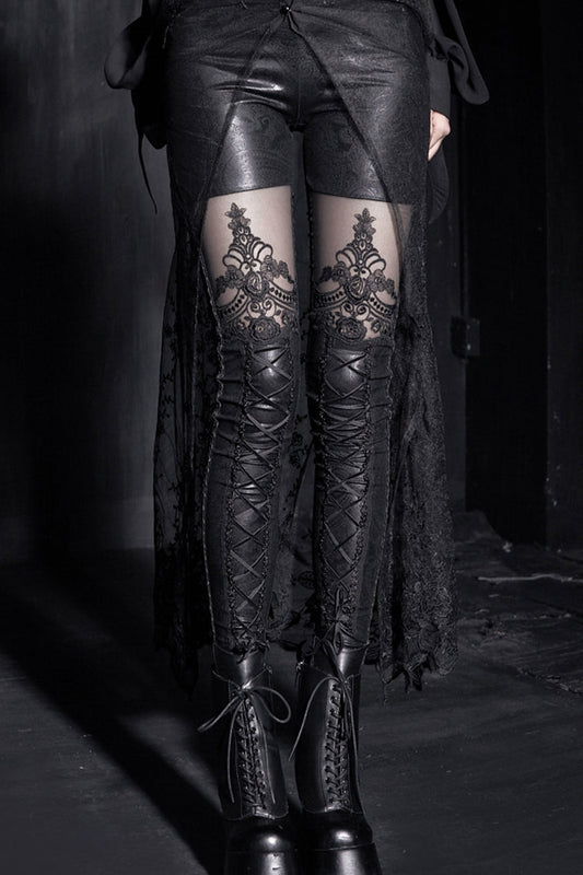 Gothic Women's Tight Leggings with Lace-Up Detail and Flocked Texture