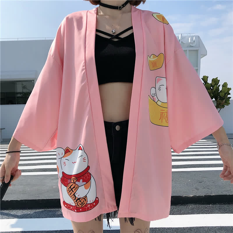 Lucky Cat Letter Print Cardigan Kimono Outerwear