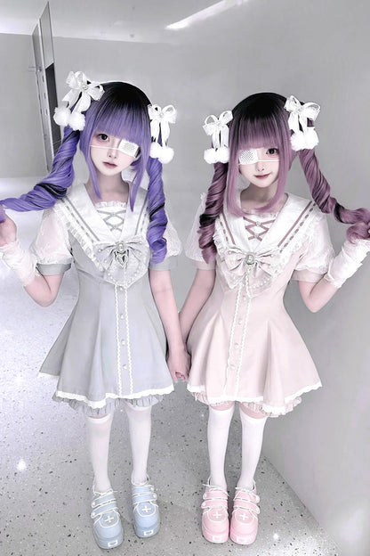 Print Bowknot Jirai Kei Japanese Dress Set