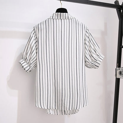 T-Shirt Stripe Pieces Denim Fake Pocketed Shorts Two Lapel