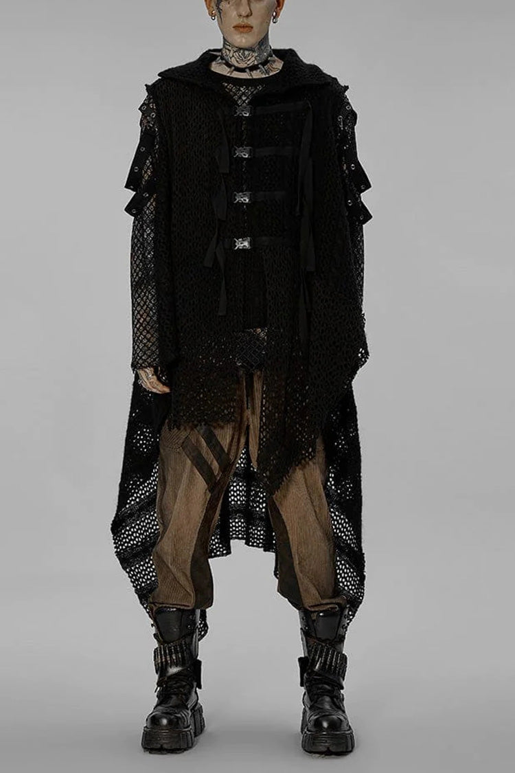 Webbing Buckle Asymmetric Hem Black Gothic Vest for Men