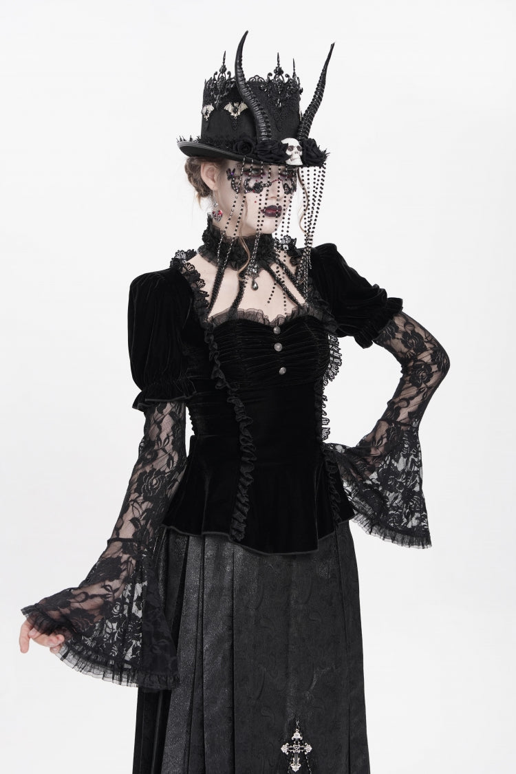 Faux Two-Piece Velvet Blouse with Eyelet and Pleats
