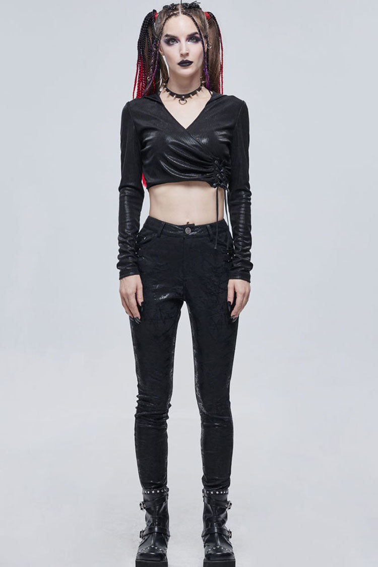 Morbid Metallic Buckle Accent Knit Faux Leather Leggings