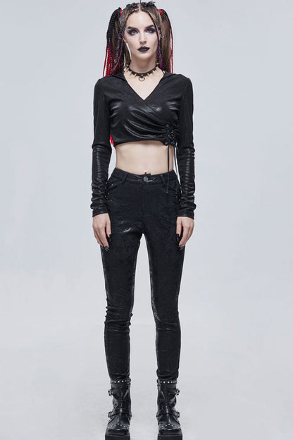 Morbid Metallic Buckle Accent Knit Faux Leather Leggings