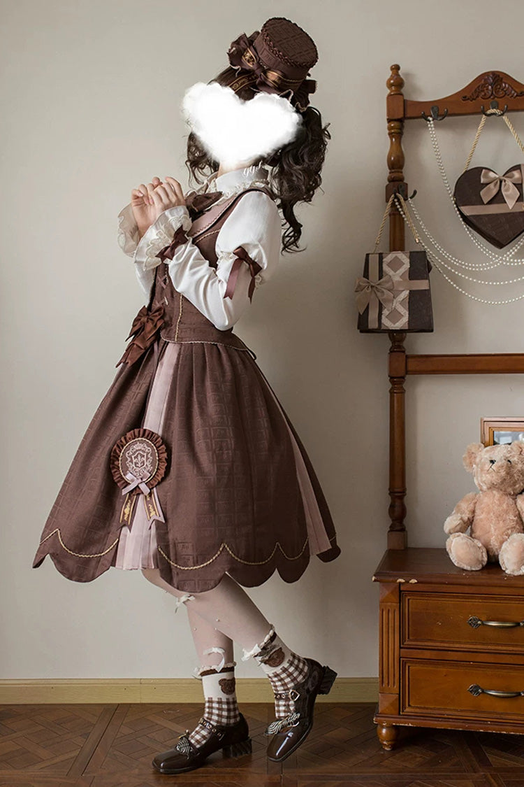 Brown Teddy Chocolate Bar Print Embroidered Bow Lace-Up Classic Lolita JSK Skirt