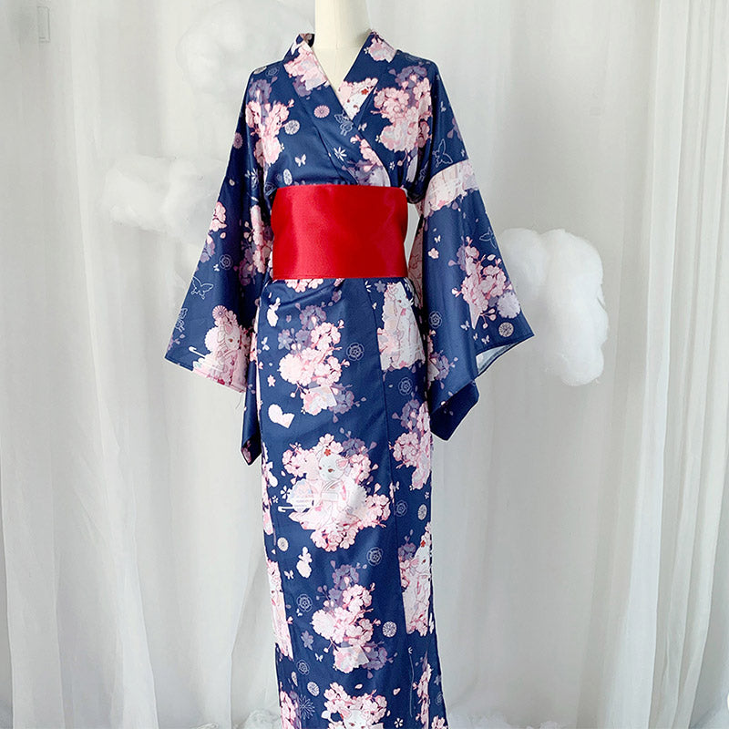 Vintage Cat Sakura Print Kimono Dress