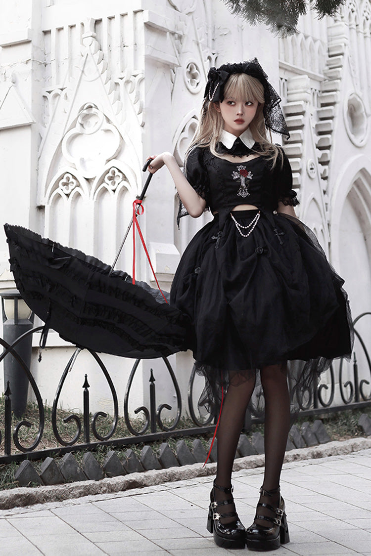 Black Rose Embroidered Gothic Lolita Dress Set with Cutout Top