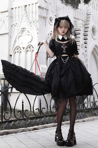 Black Rose Embroidered Gothic Lolita Dress Set with Cutout Top